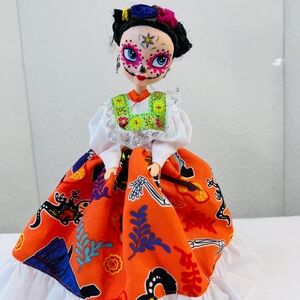 DIA DE MUERTOS Day of the Dead Mexican Folkloric Doll Catrina  12" Orange Dress